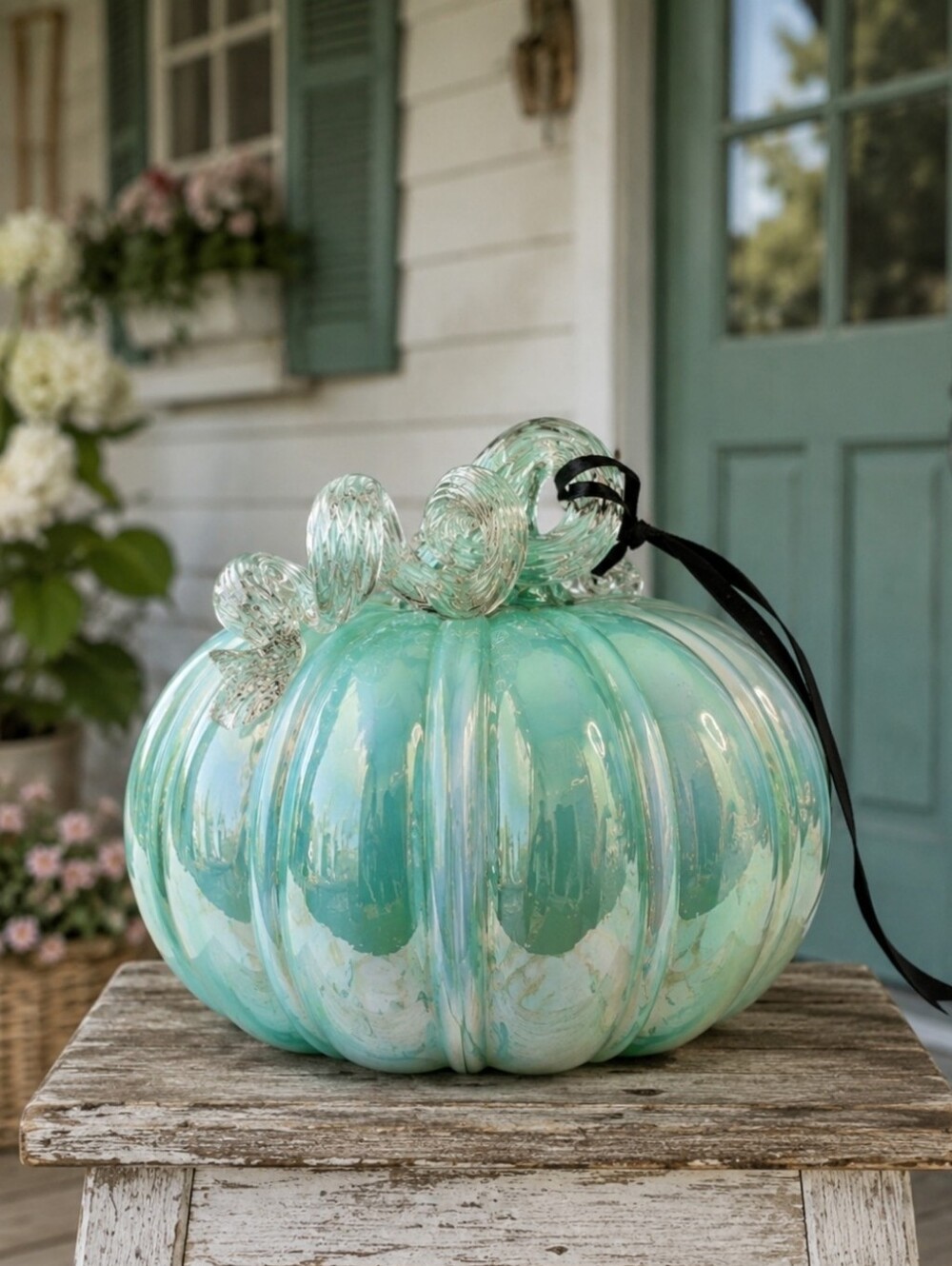 Christian Siriano Art Glass Spun Stalk Pumpkin Fall Green Iridescent Jadeite NWT